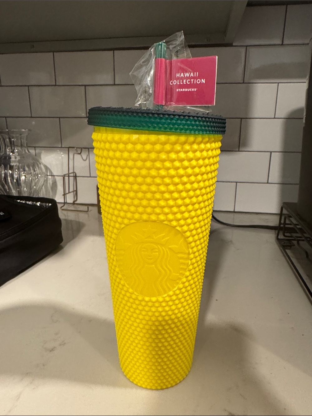 Starbucks Yellow Textured Tumbler with Green Rim